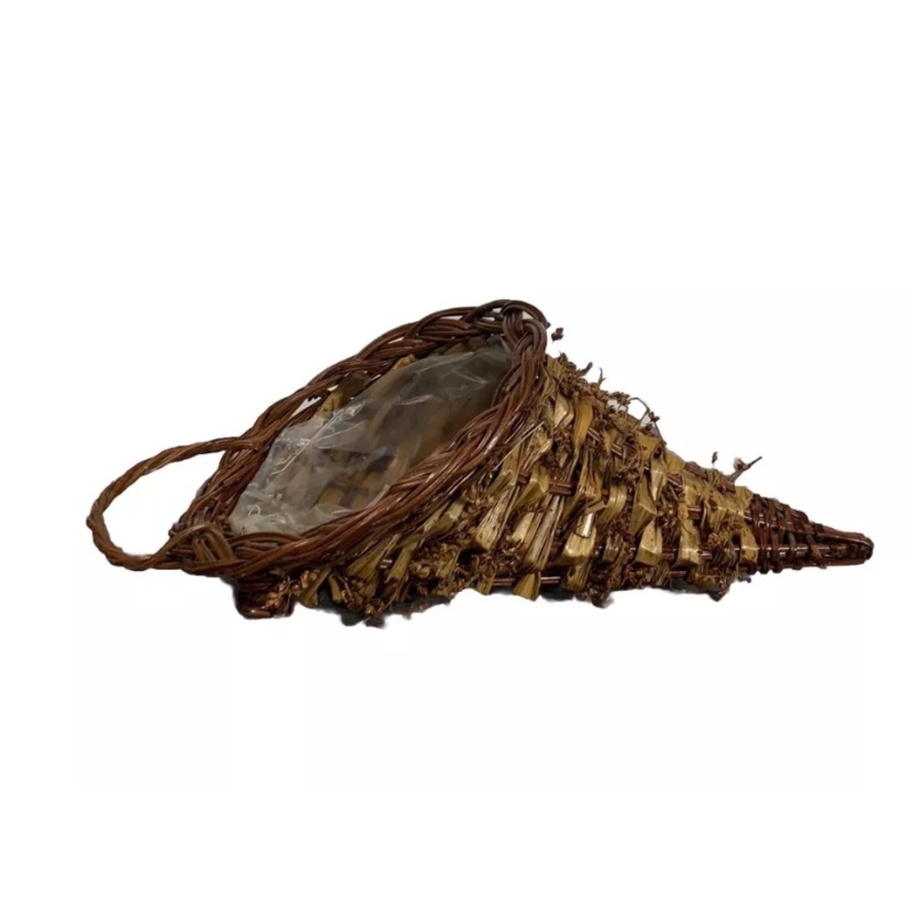 Primitive Cornucopia Horn Basket Lined Floral Thanksgiving Fall Farmhouse Rustic